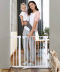 Heavy Duty Pet Safety Gate For Doors And Stairs 29.5 To 51.5 Inch Wide Auto Close Extra Tall And Wide Walk Through Gate with woman holding child and dog.