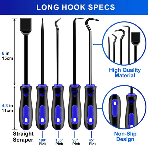 13 Piece Precision Hook And Pick Tool Set With Clip Removal Plier Rivet Puller Fastener Remover Telescoping Magnetic Pickup Gasket Scraper For Electronics Maintenance And Automotive Repair Blue showing various picks and scraper with specifications.