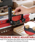 Pro Grade Bearing Roller Featherboards For Table Saw, Router Table, And Band Saw Guards in use with adjustable knobs