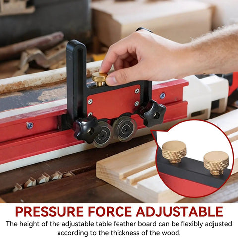 Pro Grade Bearing Roller Featherboards For Table Saw, Router Table, And Band Saw Guards in use with adjustable knobs