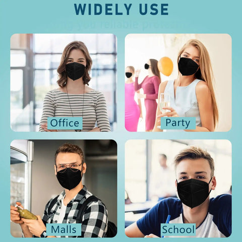 Adults wearing Kn95 Face Masks 50 Pack Individually Wrapped Five Layer Protective Respirators in office, party, mall, school settings.