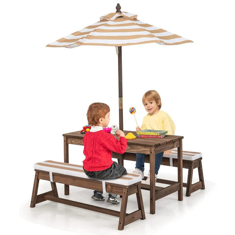 Outdoor Kids Picnic Table Set With Cushioned Benches And Umbrella, Removable Cushions, Wooden Table In Coffee Finish, Stripe Cushions