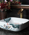 Square Sink Bowls For Bathroom,Ceramic Vessel Sink With Faucet And Drainer Above Counter White Porcelain Ceramic Vessel Vanity Sink With Flower-15 L X 15" W X 5.3" H, detailed floral design, gold faucet.