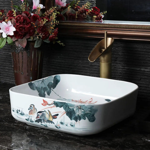 Square Sink Bowls For Bathroom,Ceramic Vessel Sink With Faucet And Drainer Above Counter White Porcelain Ceramic Vessel Vanity Sink With Flower-15 L X 15" W X 5.3" H, detailed floral design, gold faucet.