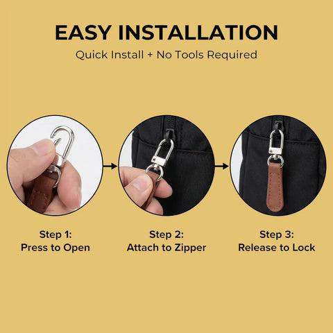 Leather Zipper Pull Replacement Kit With Detachable Clips 16Pcs Assorted Colors Easy Tool Free Install for backpacks shown step by step