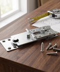 Heavy Duty Sectional Couch Connectors With Screws For Modular Sofas Interlocking Metal Clips, screws, and tape measure on table