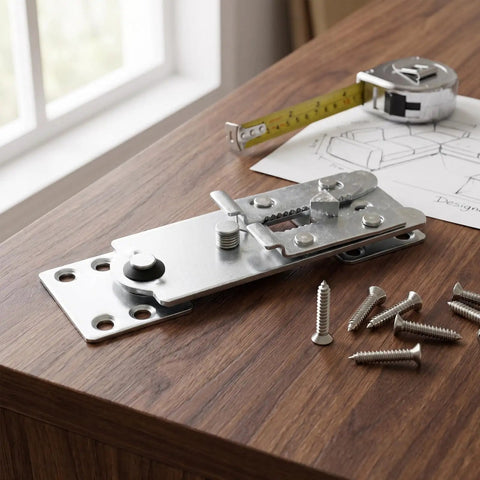 Alligator Clamp Couch Connectors 6 Pack For Modular Sectional Sofas Interlocking Fasteners on a wooden table with screws