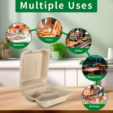100 Pack 3-Compartment Compostable Takeout Lunch Boxes With Lids 8x9 Inch Clamshells For Food To Go Eco Friendly Bagasse PFAS Free