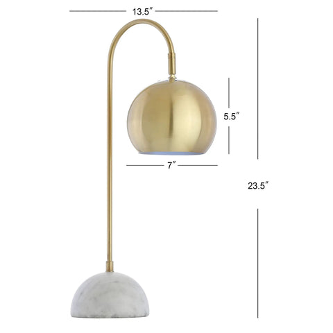 Brass Gold And White 23.5 Inch Metal Marble LED Table Lamp With Modern Arched Design and ETL Listed dimensions shown