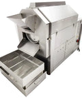 Top Shelf Pro Grade Gas Coffee Roaster 110 Lb Batch Capacity Stainless Steel Bean And Nut Machine side view with hopper and cooling tray.