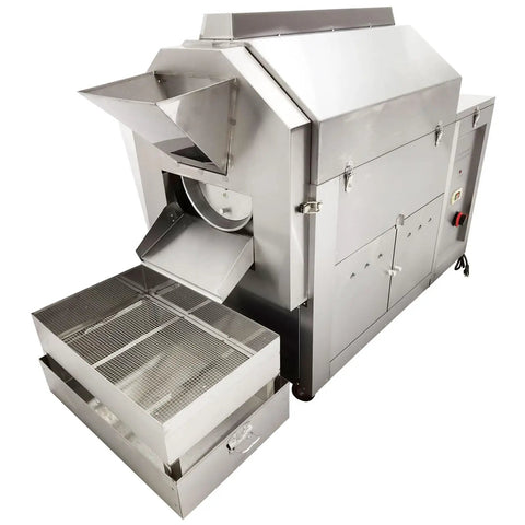 Top Shelf Pro Grade Gas Coffee Roaster 110 Lb Batch Capacity Stainless Steel Bean And Nut Machine side view with hopper and cooling tray.