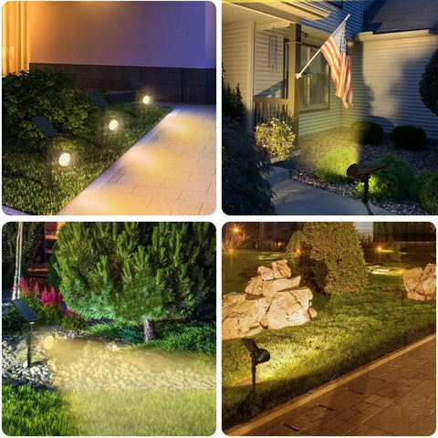 Solar Powered Outdoor Spot Lights 600LM Four Pack, Waterproof 18 Led Landscape Lighting illuminating garden paths and flag pole