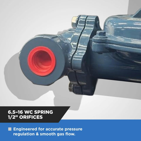 Natural gas regulator inlet with 3/4 inch NPT threads, gray body and red inner bore.