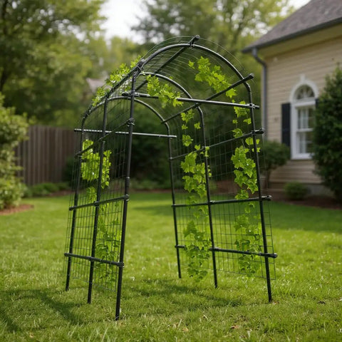 7.5 Ft Metal Garden Arch Trellis with netting in a garden setting, perfect for climbing roses, grapes, beans, and vegetables.