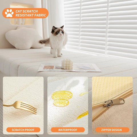 Custom Window Seat Cushions For Indoor Use Circle Fleece Bay Window Cushion Waterproof Non Slip Bench Cushions For Indoor Furniture Scratch Resistant Anti Cat Scratch Cozy Home Decor Flexible Shape Or Thickness shown with cat and fabric features