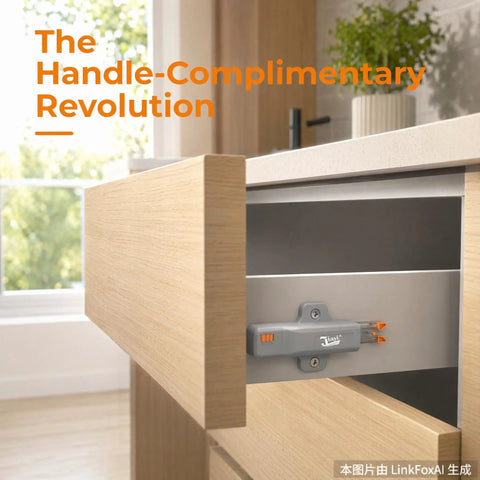 Push To Open Cabinet Hardware 2 Pack Beefed Up Heavy Duty Non Magnetic Touch Latch on wood drawer close-up