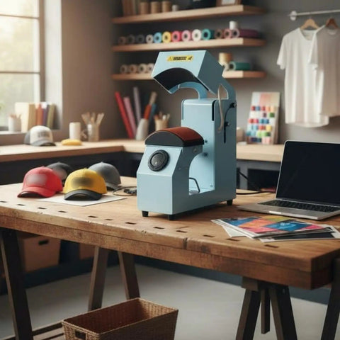 MVQJSUCI 2 In 1 Cap Hat Press Machine With Electric Automation Two Platen Choices in a professional workspace with hats.