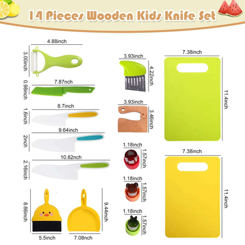 Front view of 14-piece wooden kids knife set with cutting board; green and yellow utensils, Amazon brand.