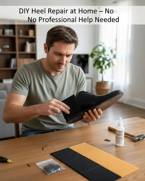 Man repairing shoe with 8 Piece Heel Cap Replacement Kit For Boots With Non Slip Rubber Heel Caps And Chunky Heel Tips Plus 40 Shoe Nails For High Heels Boots And Shoes Home Shoe Repair Tool Kit on table.