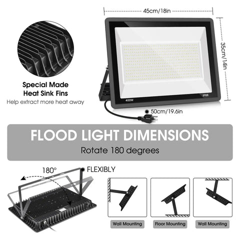 400W LED Stadium Flood Light Outdoor 5000K Daylight White Beast Bright With 50,500 LM dimensions and mounting options