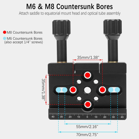 Vixen Style Dovetail Saddle Mount Base with dual locking knobs and M6 M8 countersunk bores for precise telescope setup