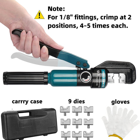 Hydraulic Crimping Tool With Nine Hardened Dies For Stainless Steel Cable Railing, Built To Last From Tough Steel in hand