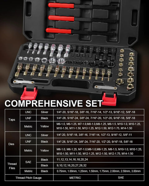 Front view of Kolvoii 61-piece thread restorer kit in open case with taps, dies, files and pitch gauges.