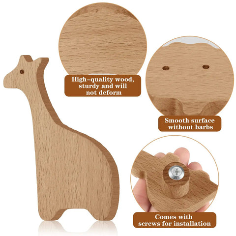 12 Piece Wooden Animal Dresser Knobs Set With Screws for Nursery Cabinets and Drawers featuring a giraffe knob detail and screws.