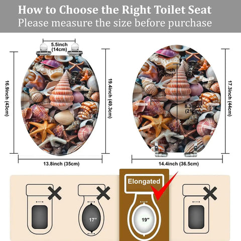 Elongated Quiet Close Toilet Seat for Home Bathroom with shell design dimensions for accurate sizing before purchase.
