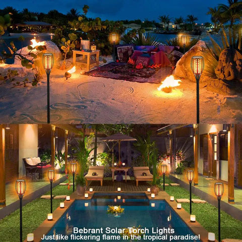 43 Inch Solar Torch Lights With Realistic Flickering Flames 2 Pack Waterproof Outdoor Landscape Decor at a beach and poolside