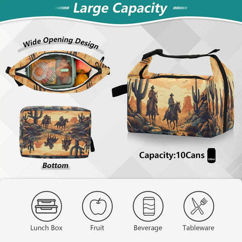 Cowboy Theme Insulated Lunch Bag For Women And Men, Large 9.4 Inch By 6.7 Inch By 9.8 Inch Lunch Tote, open view, wide opening