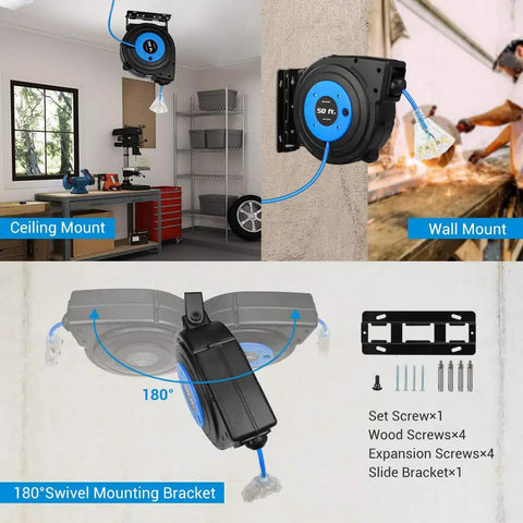 Retractable Extension Cord Reel with 50 Ft Heavy Duty Power Cord 14 AWG 3 Conductor SJTOW Three Grounded Outlets, mounted on wall and ceiling.
