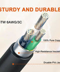 Cross-section of 25ft NEMA 6-50P To 14-50R EV Charger Adapter Cord showing STW 6AWG/3C copper conductors and insulation