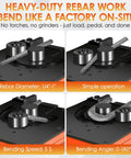 Yixbizhu 1700W Hydraulic Rebar Bender For #2 To #8 Steel Bars showing rebar bending mechanism and angle settings.