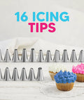 Next Level Cake Decorating Kit Featuring Hella Durable Anti Burst Piping Bags Stainless Steel Frosting Tips Set And Reusable Pastry Supplies For Baking Like A Champ Zero Worries 16 stainless steel icing tips arranged with colorful frosted cupcakes.