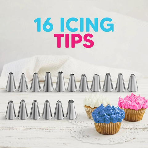 Next Level Cake Decorating Kit Featuring Hella Durable Anti Burst Piping Bags Stainless Steel Frosting Tips Set And Reusable Pastry Supplies For Baking Like A Champ Zero Worries 16 stainless steel icing tips arranged with colorful frosted cupcakes.