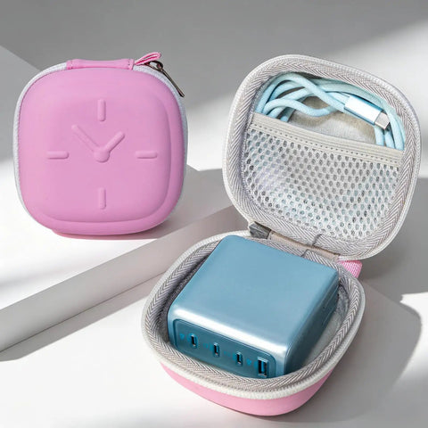 Heavy Duty Eva Travel Case For 140W Fast Charger And Usb C Cable Organizer in fresh purple, with usb c adapter and cords inside.