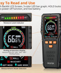 Pinless Wood Moisture Meter Non Destructive Tester LCD display showing moisture levels and modes for wood, wall, masonry