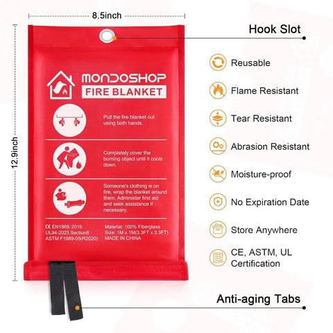 Fiberglass Fire Safety Blanket Heavy Duty Fire Retardant For Home Kitchen Camping Grilling Car Office Warehouse School Picnic And Fireplace Your Go To Heat Shield Up To 1022 Degrees Heat Resistant packaging with usage instructions.