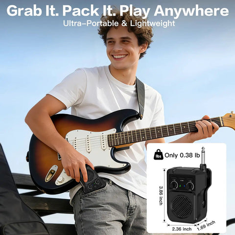 Man using Pocket Sized 5W Mini Guitar Amp With Bluetooth And USB Playback Four Built In Effects Clean Overdrive Distortion Reverb