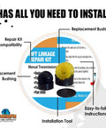 FM1KIT Manual Transmission Shift Cable Bushing Repair Kit components with installation tools and instructions displayed