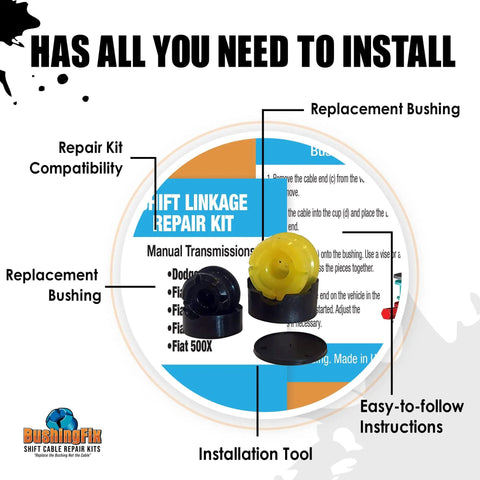 FM1KIT Manual Transmission Shift Cable Bushing Repair Kit components with installation tools and instructions displayed