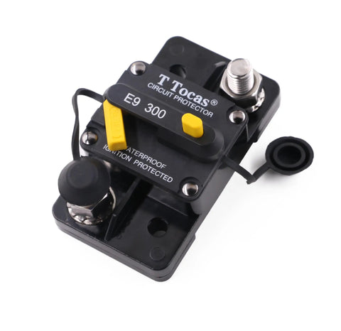 Three Eighths Inch 300 Amp Auto Circuit Breaker With Manual Reset, black with yellow accents, IP67 waterproof, 12V 48V DC.