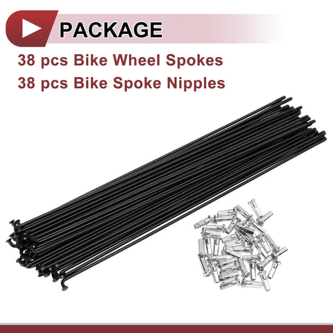 38 Piece 13G Bicycle Spokes Set 213mm Length Carbon Steel Black Wheel Spokes With Nipples Durable Bike Rim Spokes For Wheel Building Repair And Upgrades, showing all components including spokes and nipples in a package.