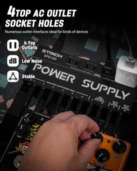 Hand adjusting Ten Independent DC Outputs Guitar Pedal Power Supply For Effects with four top socket holes, black casing