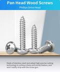 Bulk Stainless Steel Wood Screws Set, 550 Piece Assortment With Phillips Pan Head Self Tapping Screws displayed on wood