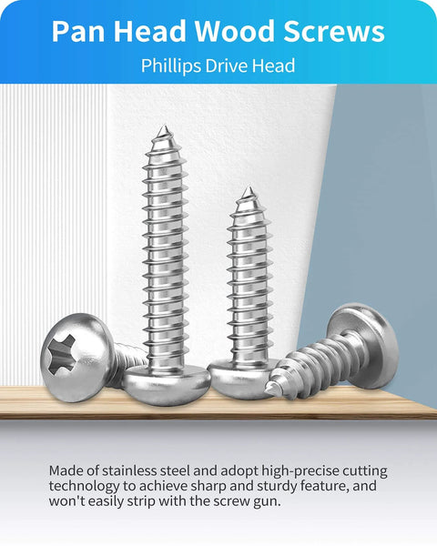 Bulk Stainless Steel Wood Screws Set, 550 Piece Assortment With Phillips Pan Head Self Tapping Screws displayed on wood