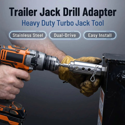 Heavy Duty Trailer Jack Drill Adapter Transform Your Power Drill Into Beast Mode Lifter stainless steel tool in use with cordless drill