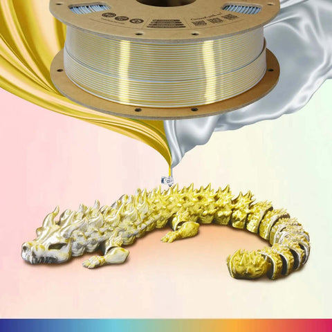 Silk Dual Color PLA Filament 1.75mm Bi Color Glossy Shiny Finish Spool 1kg 2.2Lb for 3D printing in gold and silver with dragon model