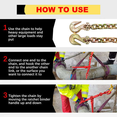 Instructions for using Heavy Duty Chain Binder Grade 70 Ratchet Load Binder For Five Sixteenths To Three Eighths Inch Chains